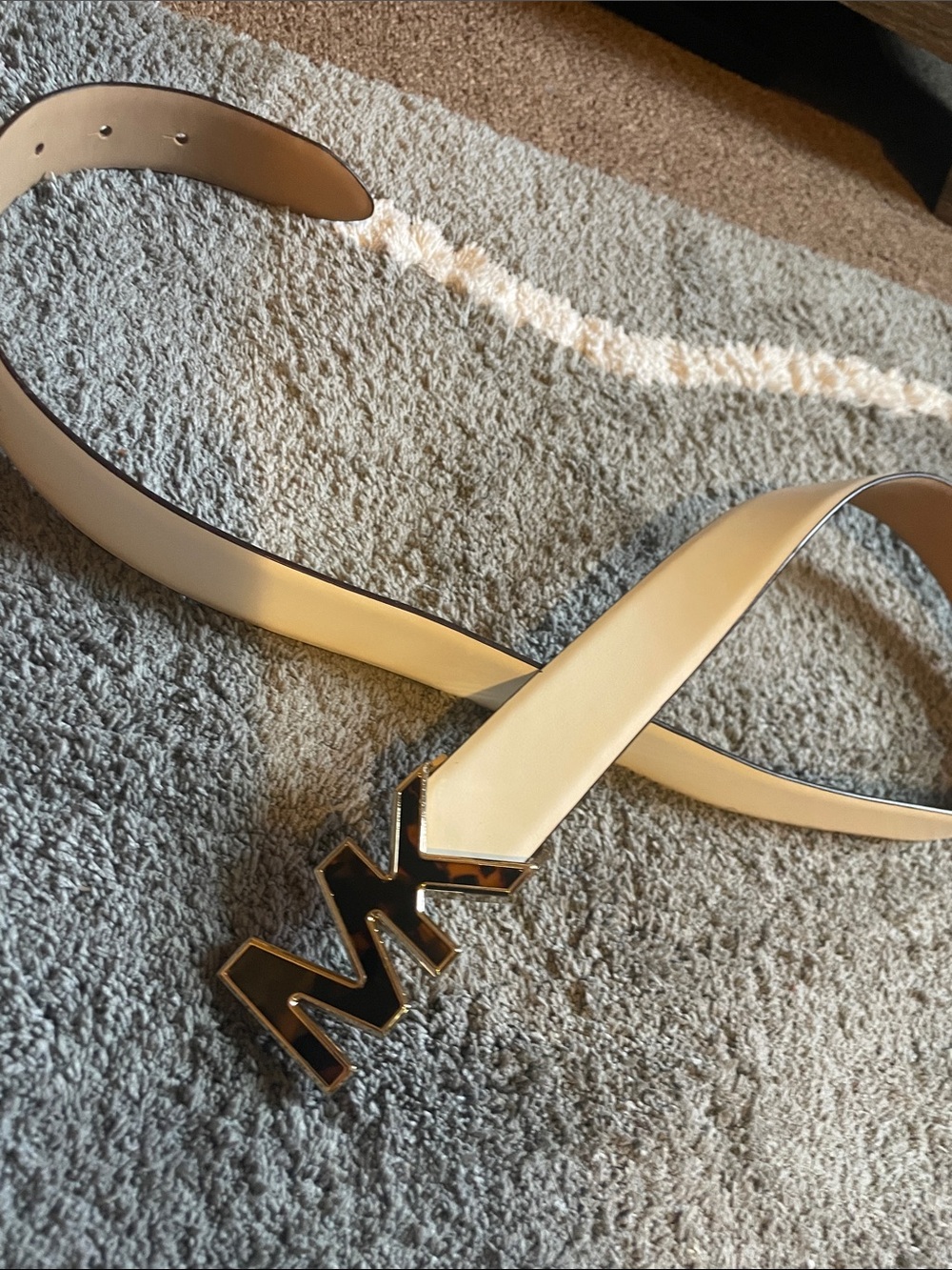 MICHAEL Michael Kors Cream Logo Buckle Belt with Gold Trim
